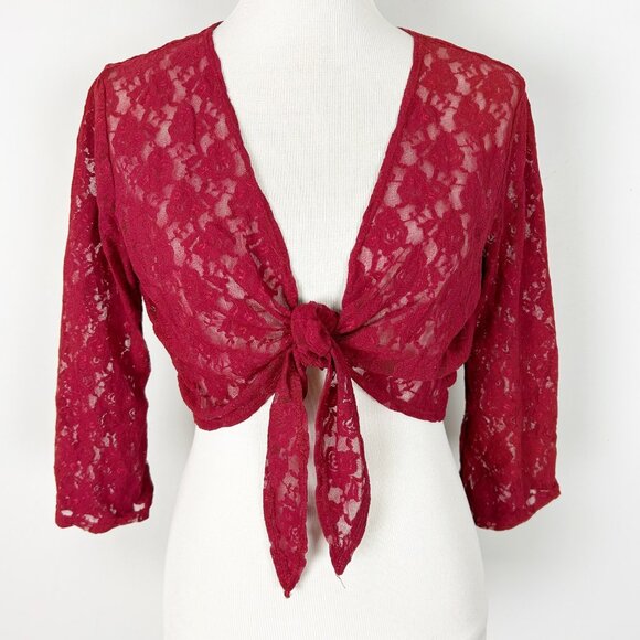 Vtg Y2K 90s Red Nylon Floral Sheer Lace Tie Front Top Boho Size 1X Women's - Picture 1 of 5